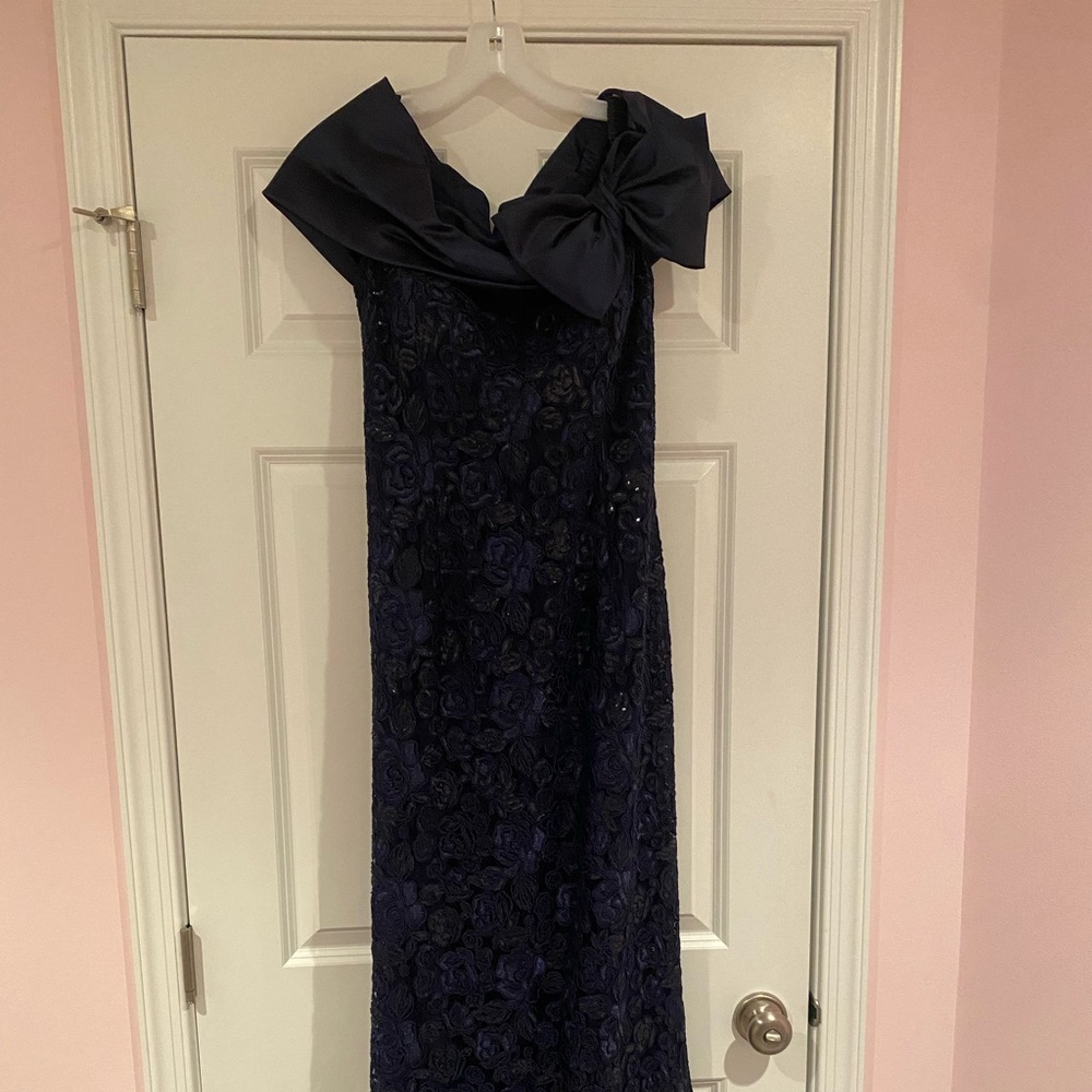 Teri Jon Off-the-Shoulder Navy Blue Lace Jacquard Gown w/ Bow